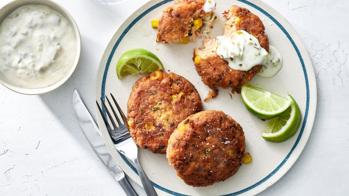 Image of Salmon and Corn Cakes With Jalapeño Mayonnaise from New York Times Cooking