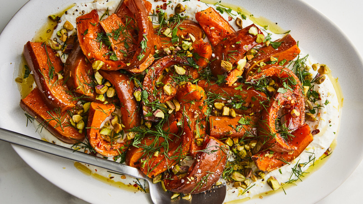 Image of Roasted Spiced Squash With Whipped Feta and Pistachios from New York Times Cooking