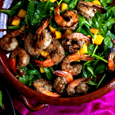 Image of Grilled Shrimp With Wilted Spinach and Peaches from New York Times Cooking