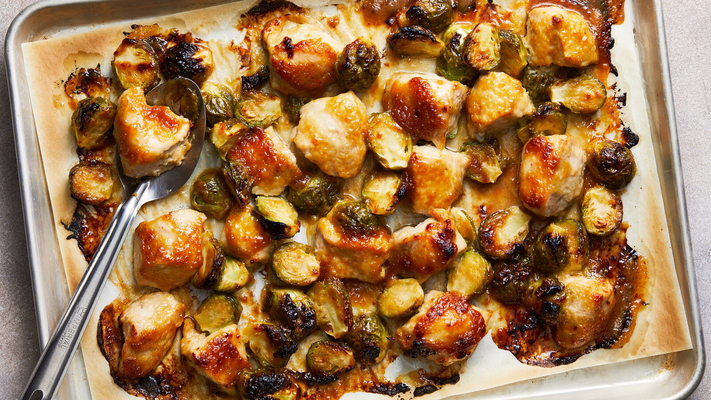 Image of Miso-Maple Sheet-Pan Chicken With Brussels Sprouts from New York Times Cooking